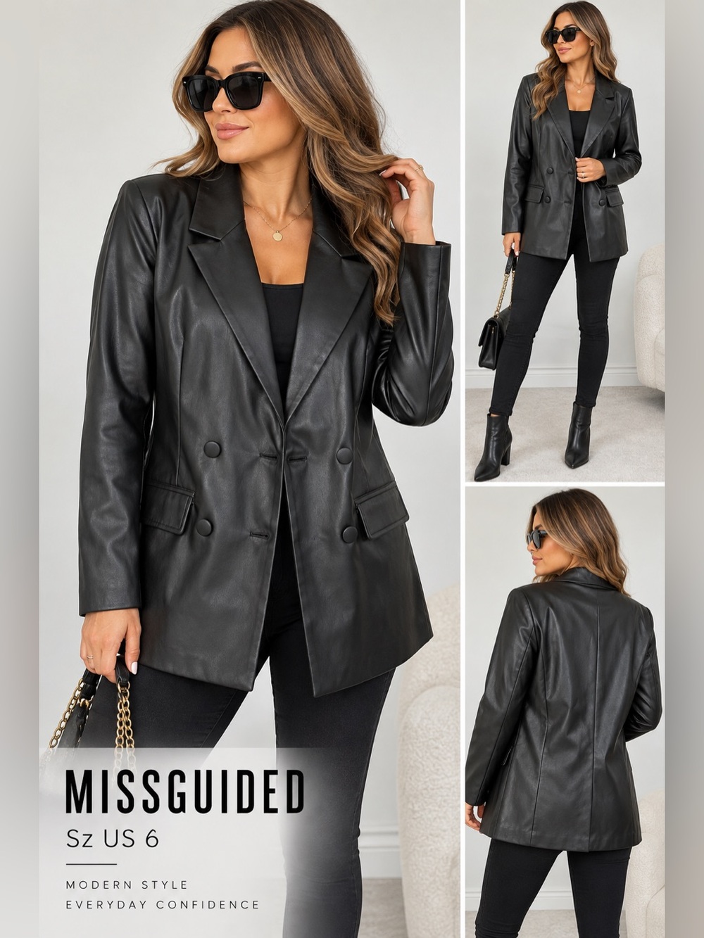 Missguided Black Faux Leather Double-Breasted Blazer Sz 6